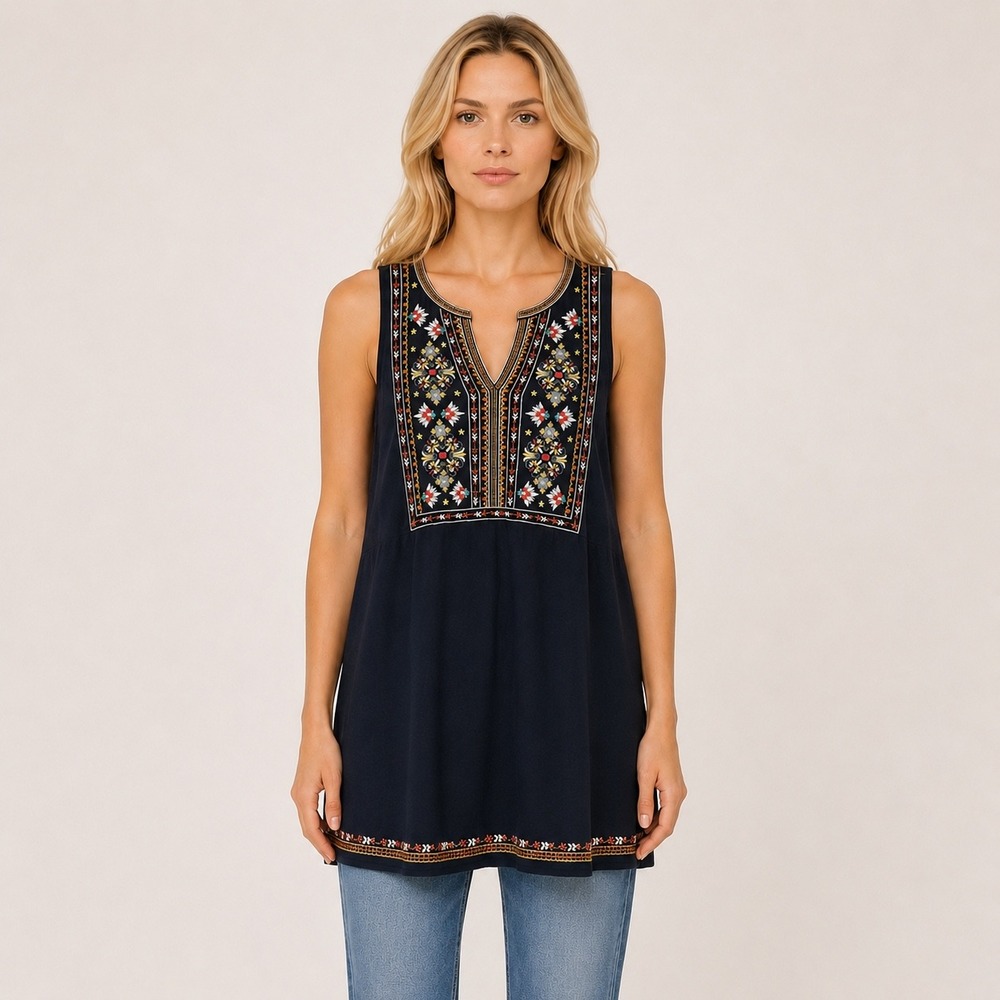 J. Jill Embroidered Sleeveless Blue Blouse Travel Resort Wear Hippie SZ Small